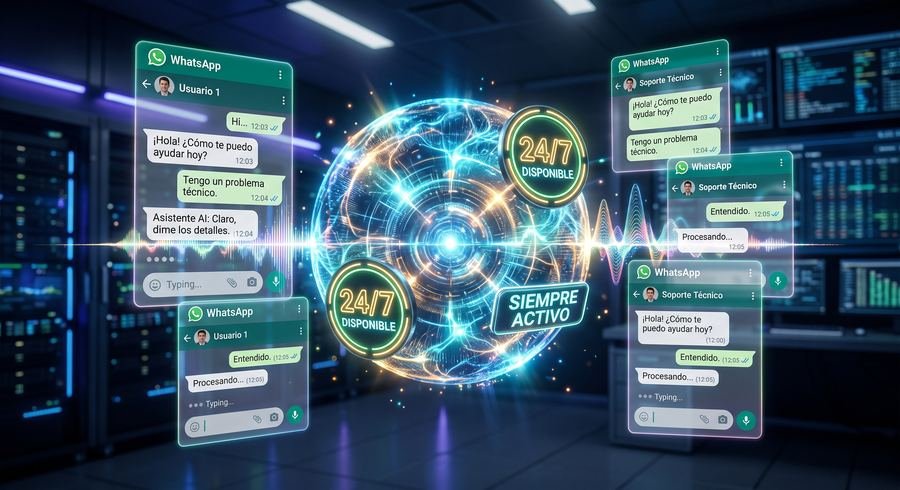 Render 3D de conversaciones de WhatsApp con un asistente de IA disponible 24/7