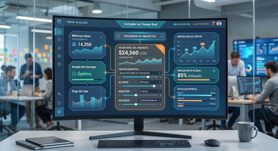 Render 3D de un dashboard de cotizador de proyectos en tiempo real